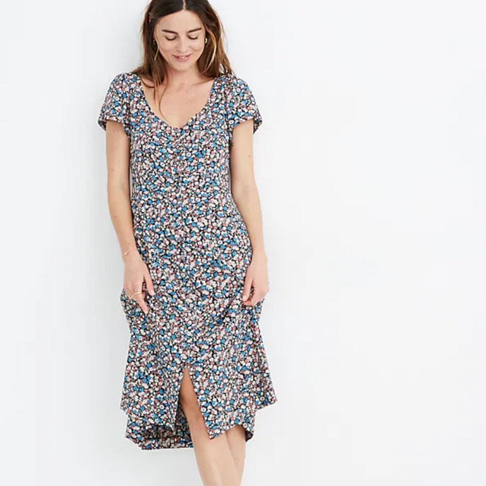 Madewell Puff-Sleeve Button-Front Floral Midi Dress